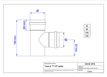 SAVE TUBO PER STUFE PELLETS A T F/F PORCELLANATO NERO OPACO D.CM 8